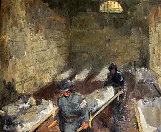 Paul-Frédéric-Antoine Charavel (1877-1961) French infantry stretcher bearers in an infirmary 19.5 x 24in. unframed